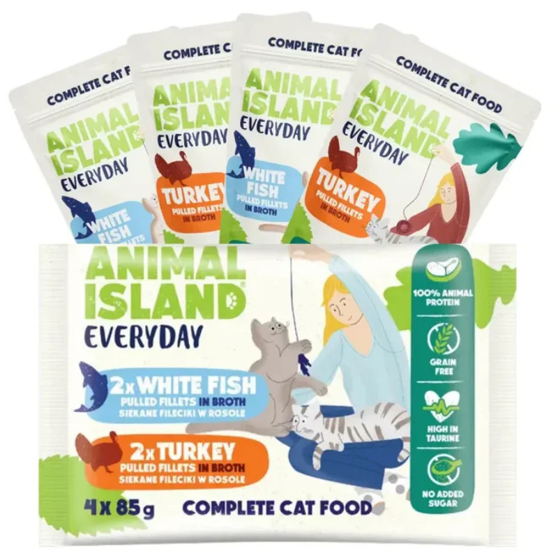 Animal island, saszetki dla kota indyk/biała ryba, 4 x 85 g
