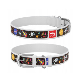 Waudog, obroża skórzana z motywem nasa, rozm. m, biała