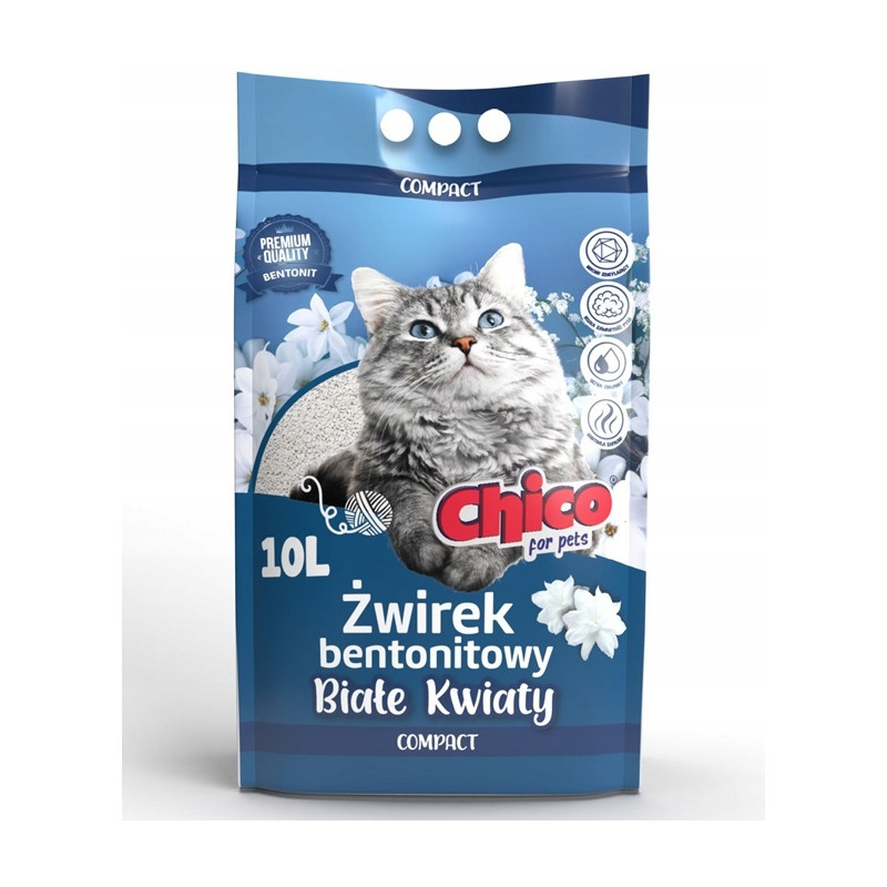 Chico, żwirek bentonitowy compact, Białe Kwiaty, 10 L