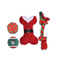 Barry King, Zestaw zabawek dla psa: piłka winylowa, piłka tenisowa, kość pluszowa, sznur - kolor czerwony