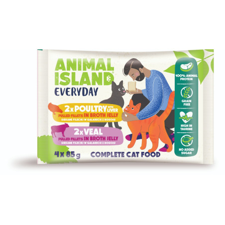 Animal Island, saszetki 4pack 85g (2 x drób z wątróbką, 2 x cielęcina) szarpane fileciki w galarecie dla kota