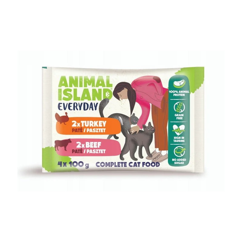 ANIMAL ISLAND Saszetki dla kota Everyday 4pak 4x100g 2x wołowina, 2x indyk (pasztet)