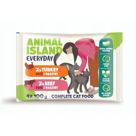 ANIMAL ISLAND Saszetki dla kota Everyday 4pak 4x100g 2x wołowina, 2x indyk (pasztet)