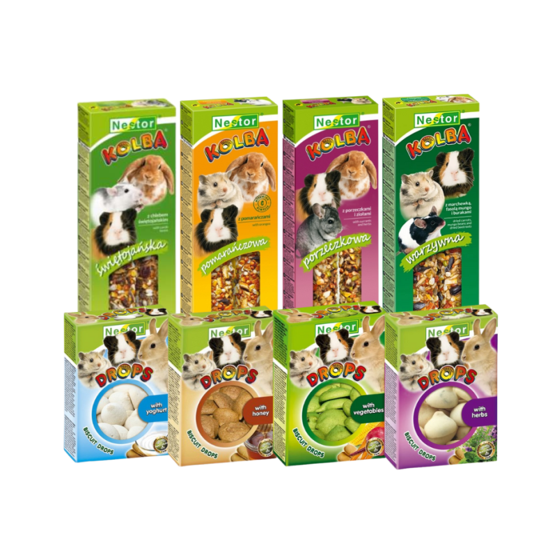 Zestaw 4 Kolby x2szt i 4 Dropsy dla GRYZONIA KRÓLIKA CHOMIKA ŚWINKI - mix smaków
