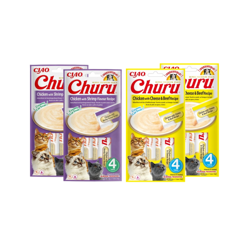 Inaba Cat Churu 2+2 kurczak, krewetka+ kurczak, ser, wołowina