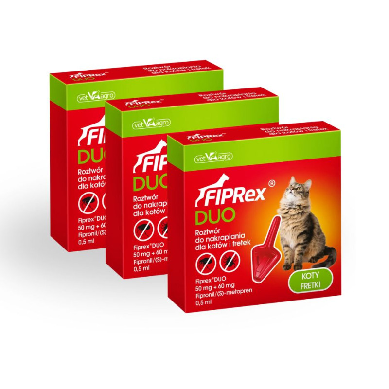 3 x vet agro  FIPREX DUO KOT zestaw na 3 msc na pchły i kleszcze
