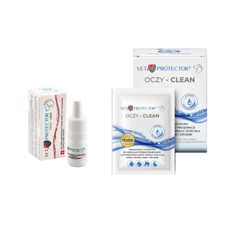 zestaw VET PROTECTOR CHUSTECZKI OCZY CLEAN 20szt + LIGO 3ml krople do oczu