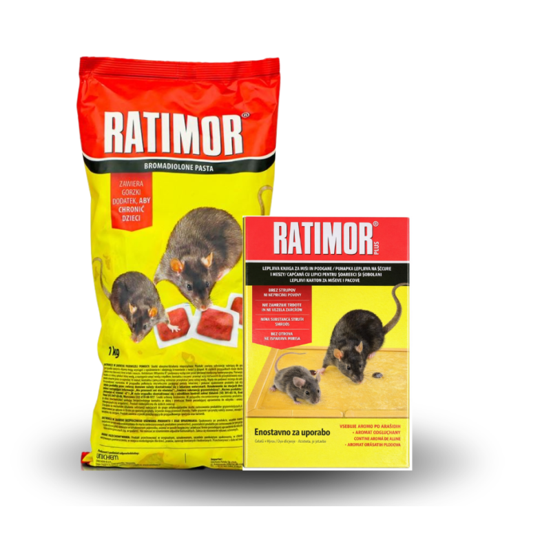 Ratimor pasta czerwona bromadiolon 1 kg przeciwko myszom i szczurom+Ratimor, pułapka klejowa z wabikiem na gryzonie, 26,5 x 19,5