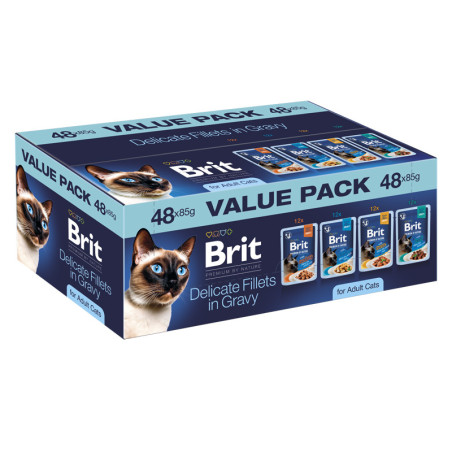 Brit Premium Cat – Mokra Karma dla Dorosłych Kotów | Delikatne Filety w Sosie Mix Smaków | 48 x 85 g