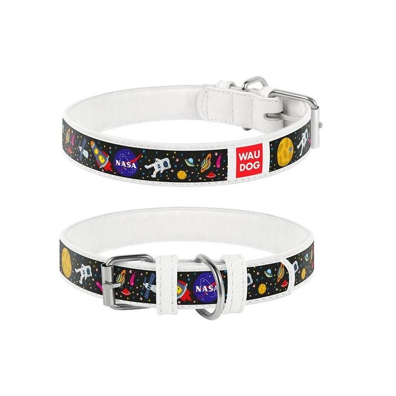 WauDog, skórzana obroża z motywem NASA, rozm. XS, biała
