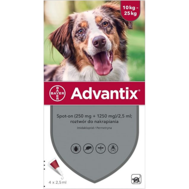 Advantix spot-on, 250 mg + 1250 mg, psy 10 - 25 kg, 4 pipety