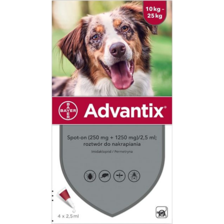 Advantix spot-on, 250 mg + 1250 mg, psy 10 - 25 kg, 4 pipety