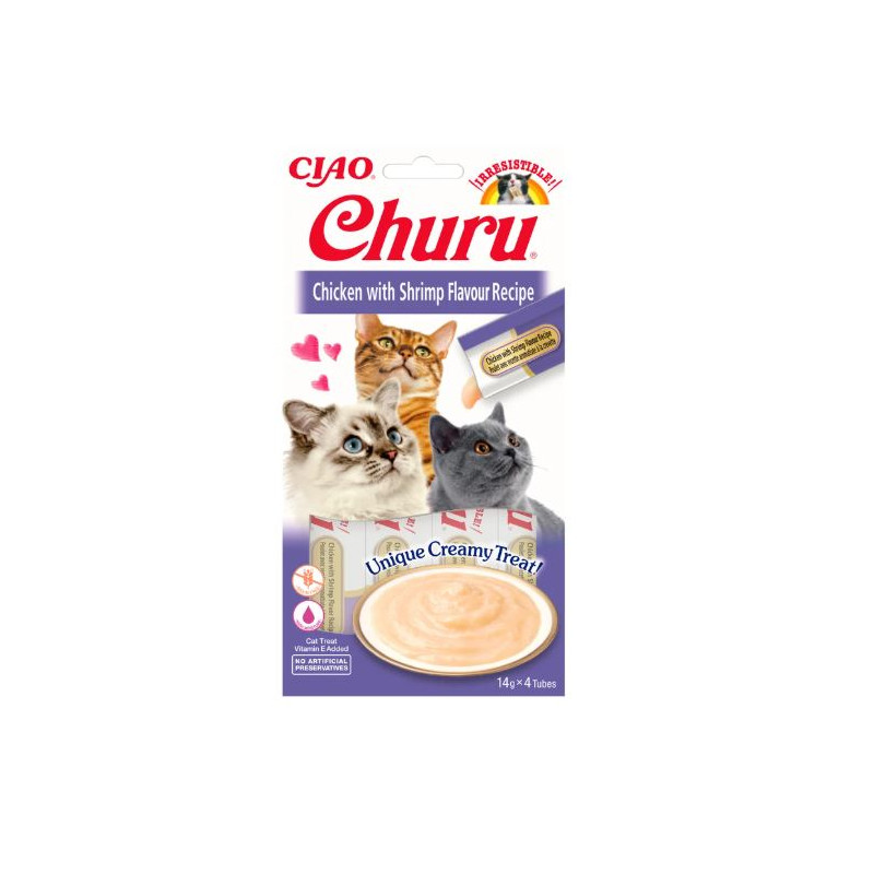 INABA CAT CHURU CHICKEN WITH SHRIMP 4 x 14 g, Przysmaki dla kota z kurczakiem i krewetką