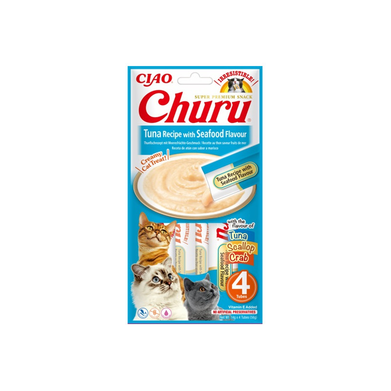 Inaba Ciao Churu Cat Tuna&Seafood 4x14g, Przysmaki dla kota z tuńczykiem i owocami morza EU118