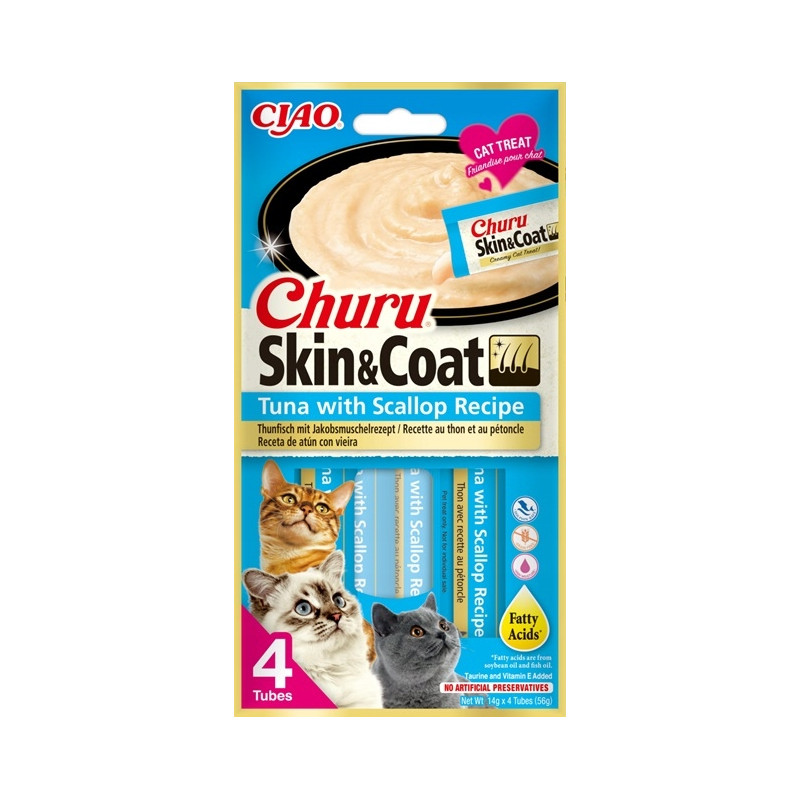 INABA CAT CHURU SKIN COAT tuńczyk przegrzebki 4 x 14 g, Przysmaki dla kota
